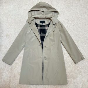 EUC London Fog Beige Trench Coat Plaid Lined with Hood Petite XS